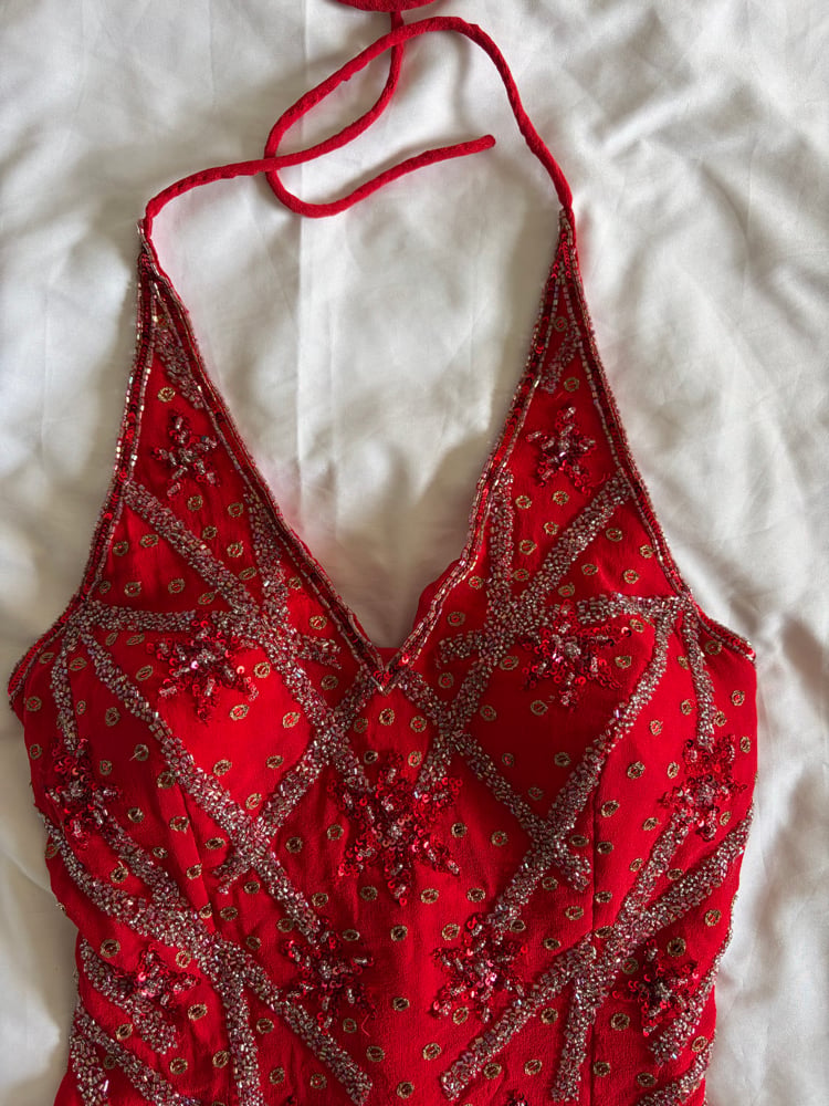 Vintage Y2K Aftershock red sequin and beaded halter neck corset style top