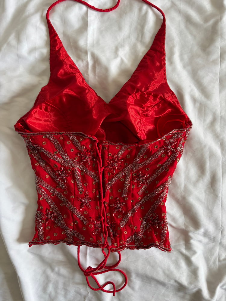 Vintage Y2K Aftershock red sequin and beaded halter neck corset style top