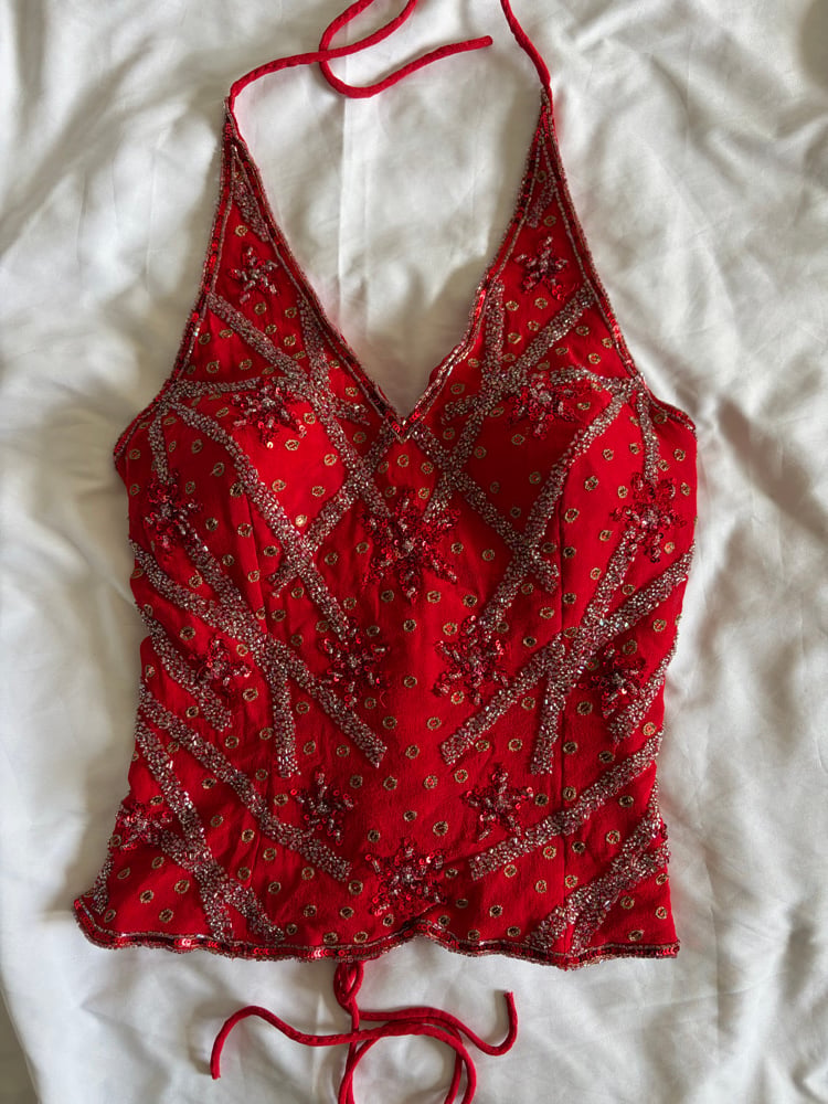 Vintage Y2K Aftershock red sequin and beaded halter neck corset style top