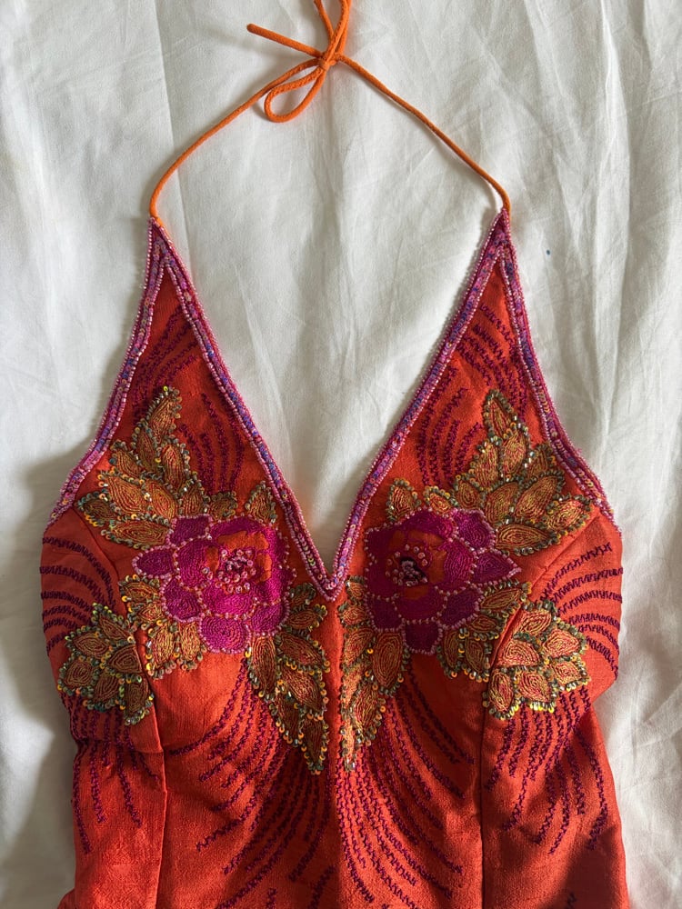 Vintage Y2K Aftershock style silk orange and pink beaded and sequin halter neck corset style top