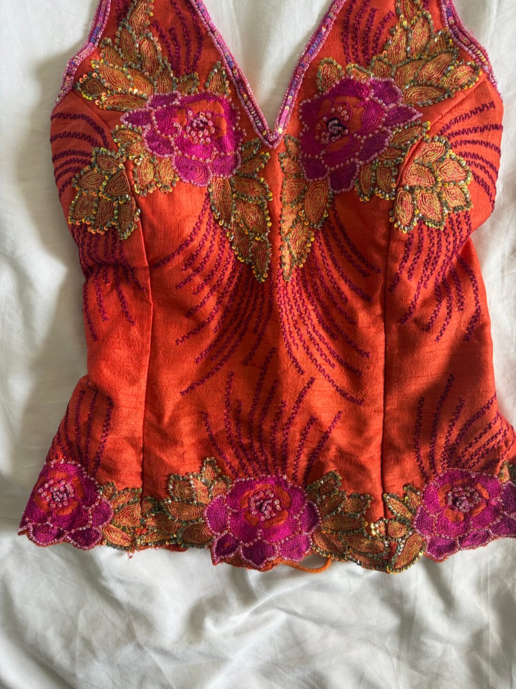 Vintage Y2K Aftershock style silk orange and pink beaded and sequin halter neck corset style top