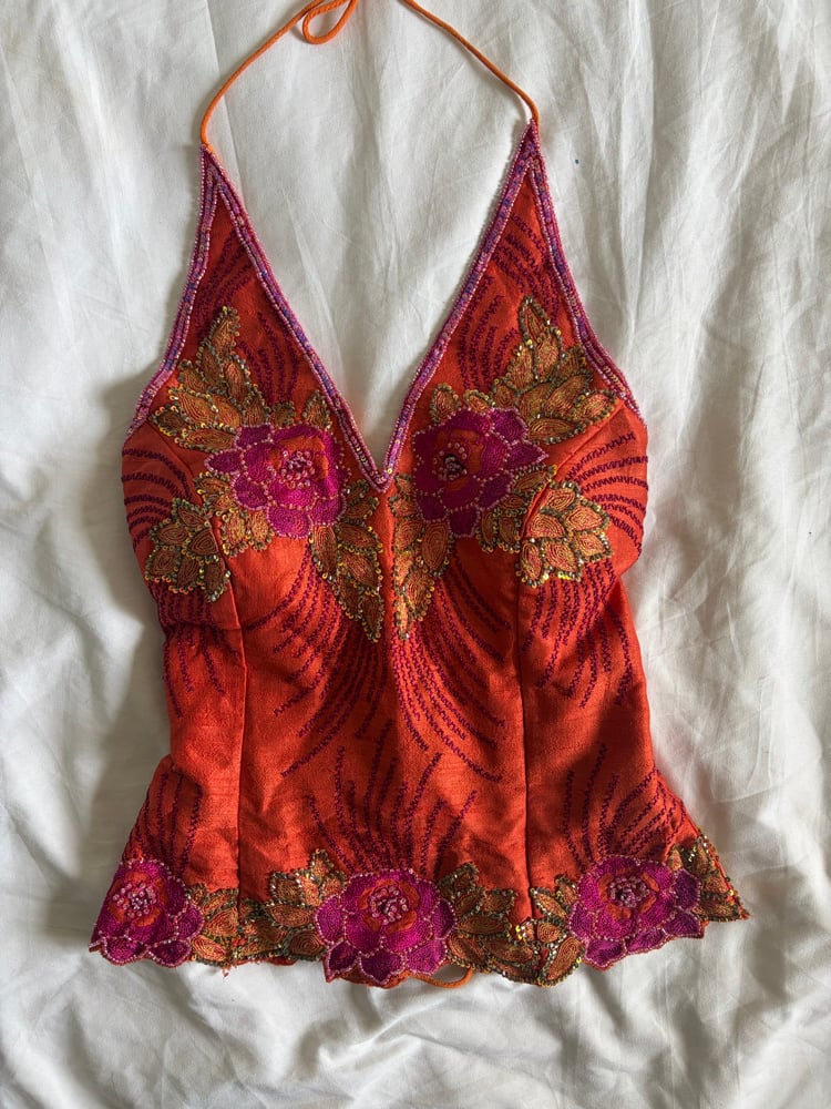 Vintage Y2K Aftershock style silk orange and pink beaded and sequin halter neck corset style top