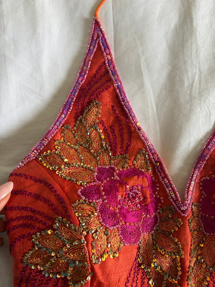 Vintage Y2K Aftershock style silk orange and pink beaded and sequin halter neck corset style top