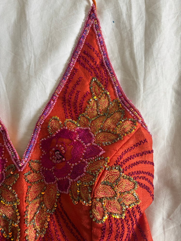Vintage Y2K Aftershock style silk orange and pink beaded and sequin halter neck corset style top