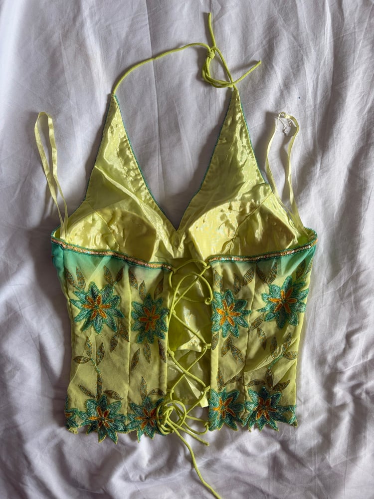 Vintage Y2K Aftershock silk yellow and blue ombre sequin and beaded halter neck corset style top