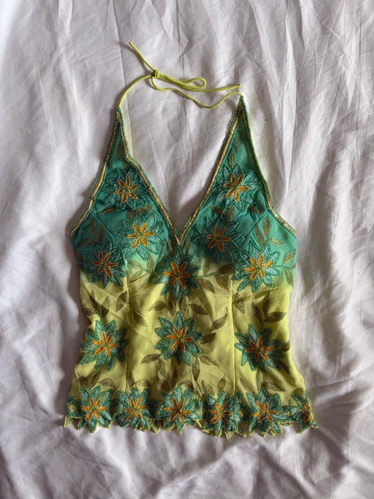Vintage Y2K Aftershock silk yellow and blue ombre sequin and beaded halter neck corset style top