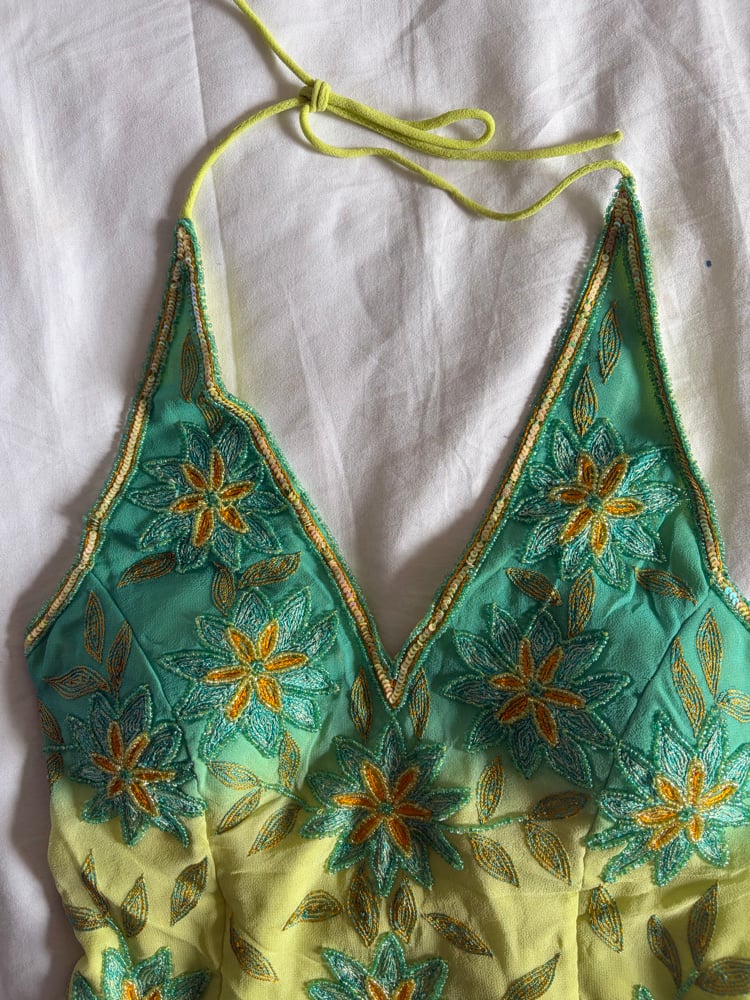 Vintage Y2K Aftershock silk yellow and blue ombre sequin and beaded halter neck corset style top