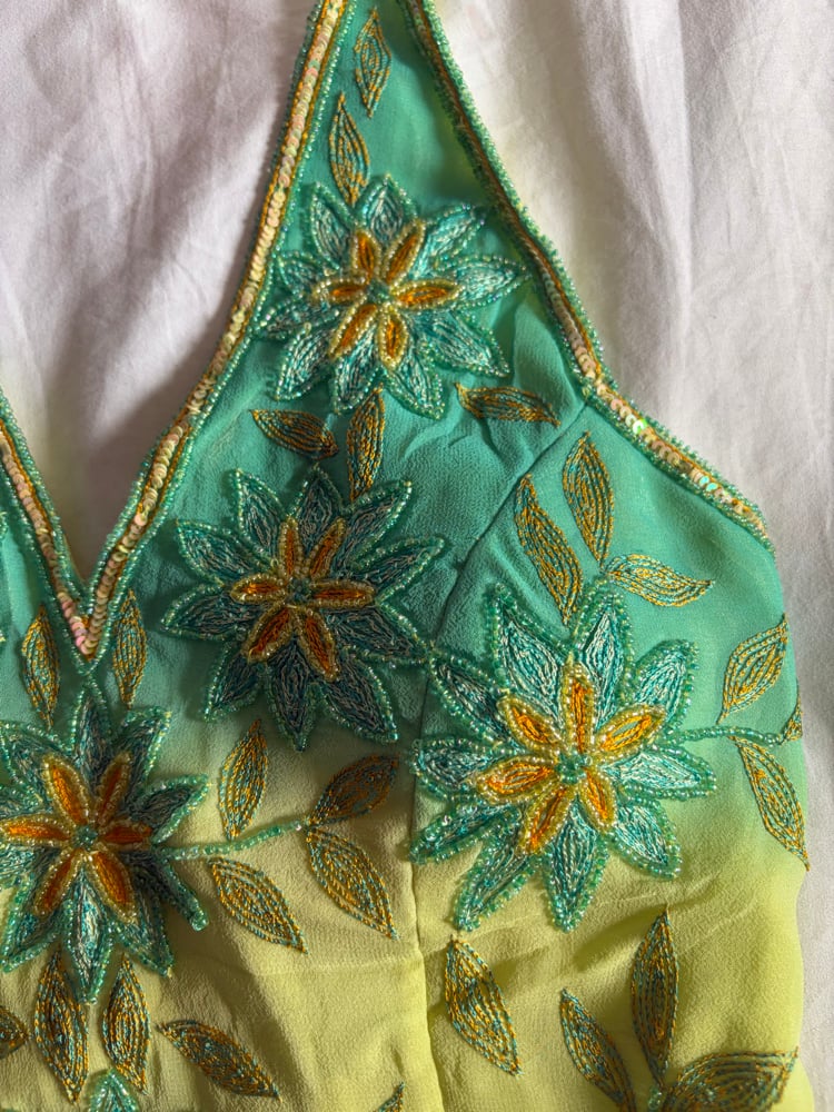 Vintage Y2K Aftershock silk yellow and blue ombre sequin and beaded halter neck corset style top