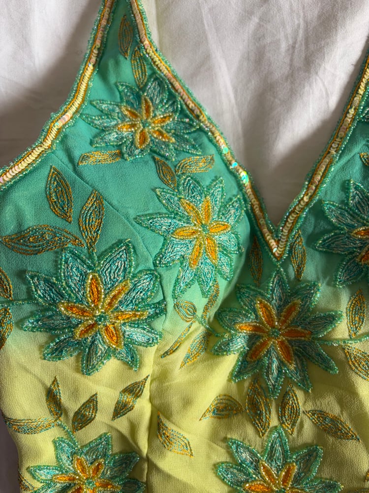 Vintage Y2K Aftershock silk yellow and blue ombre sequin and beaded halter neck corset style top