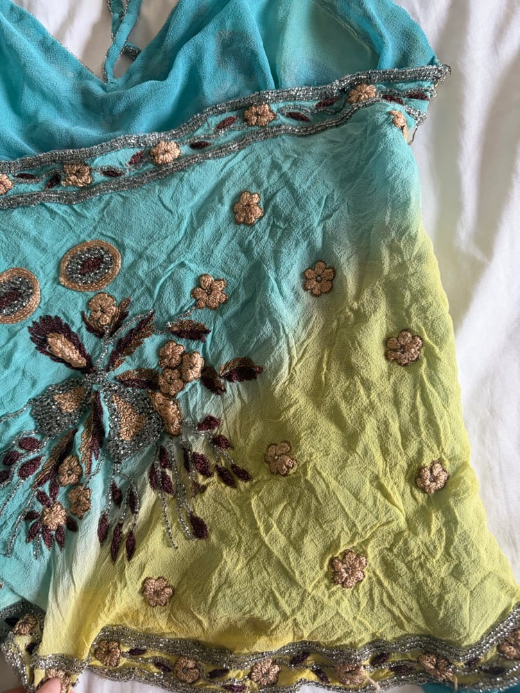 Vintage Y2K Aftershock yellow and blue ombre silk halterneck cami