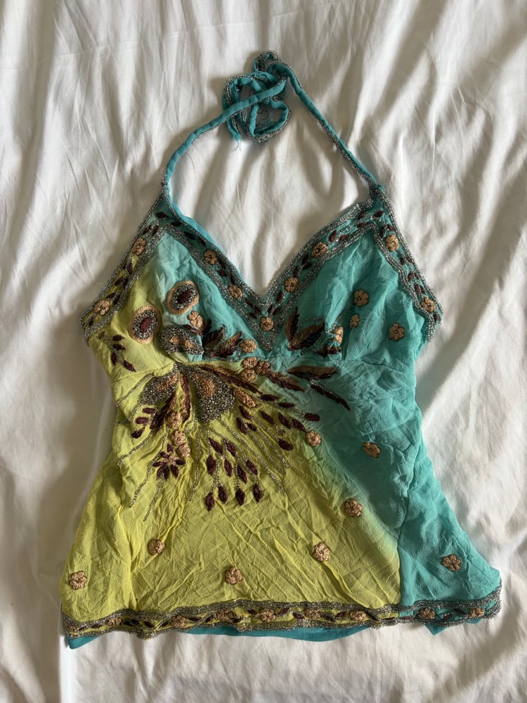 Vintage Y2K Aftershock yellow and blue ombre silk halterneck cami