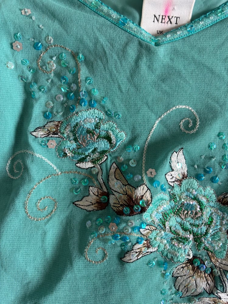 Vintage Y2K Aqua blue fairy sequin floral cami with embroidery