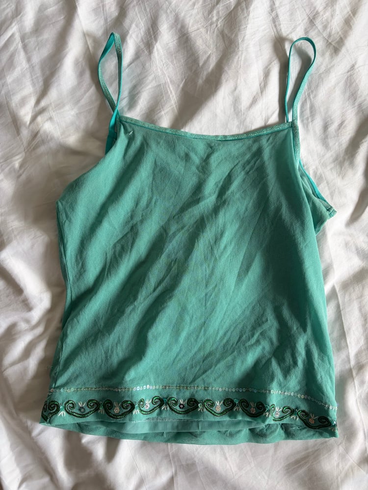 Vintage Y2K Aqua blue fairy sequin floral cami with embroidery