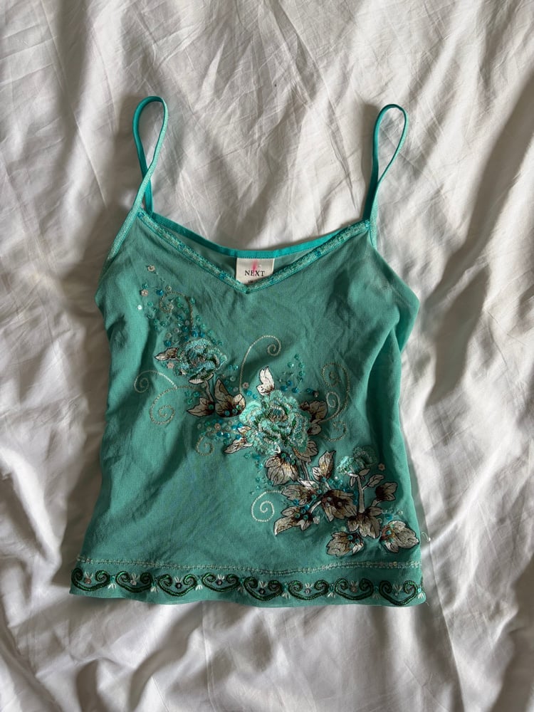 Vintage Y2K Aqua blue fairy sequin floral cami with embroidery