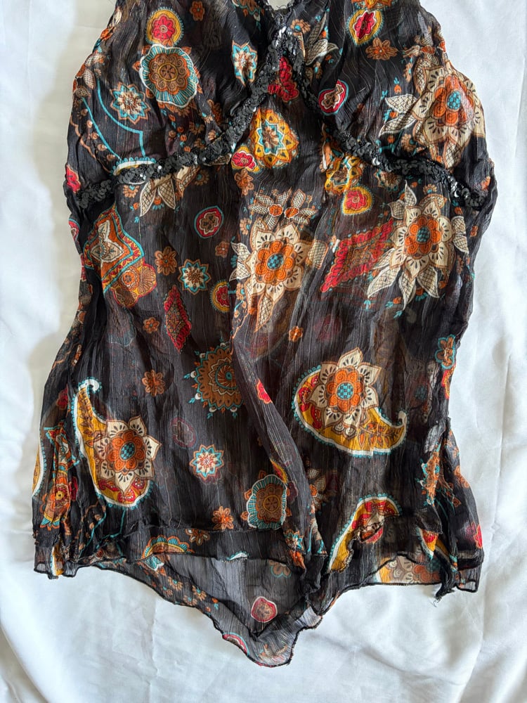 Vintage Y2K asymmetrical hem paisley floaty fairy cami with sequin detail and sparkly thread