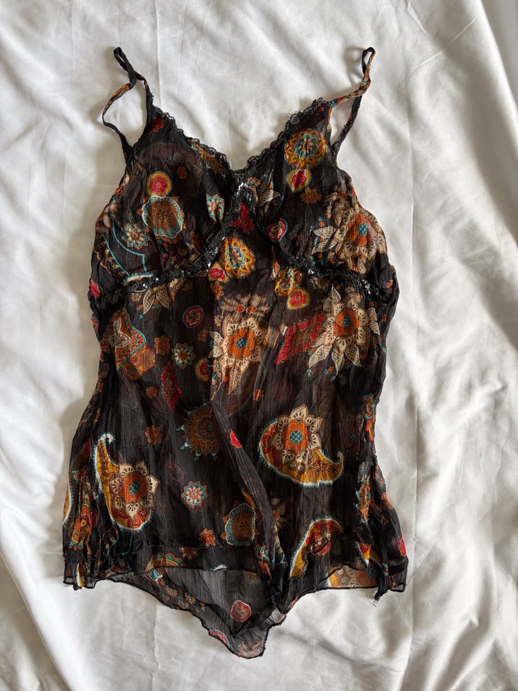 Vintage Y2K asymmetrical hem paisley floaty fairy cami with sequin detail and sparkly thread