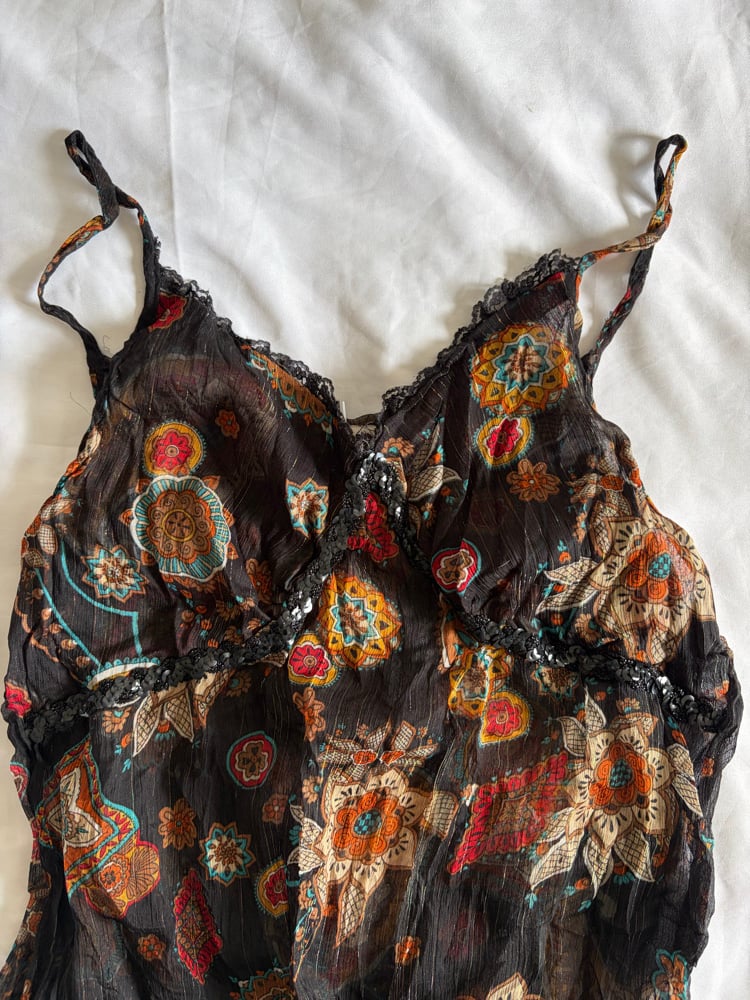 Vintage Y2K asymmetrical hem paisley floaty fairy cami with sequin detail and sparkly thread