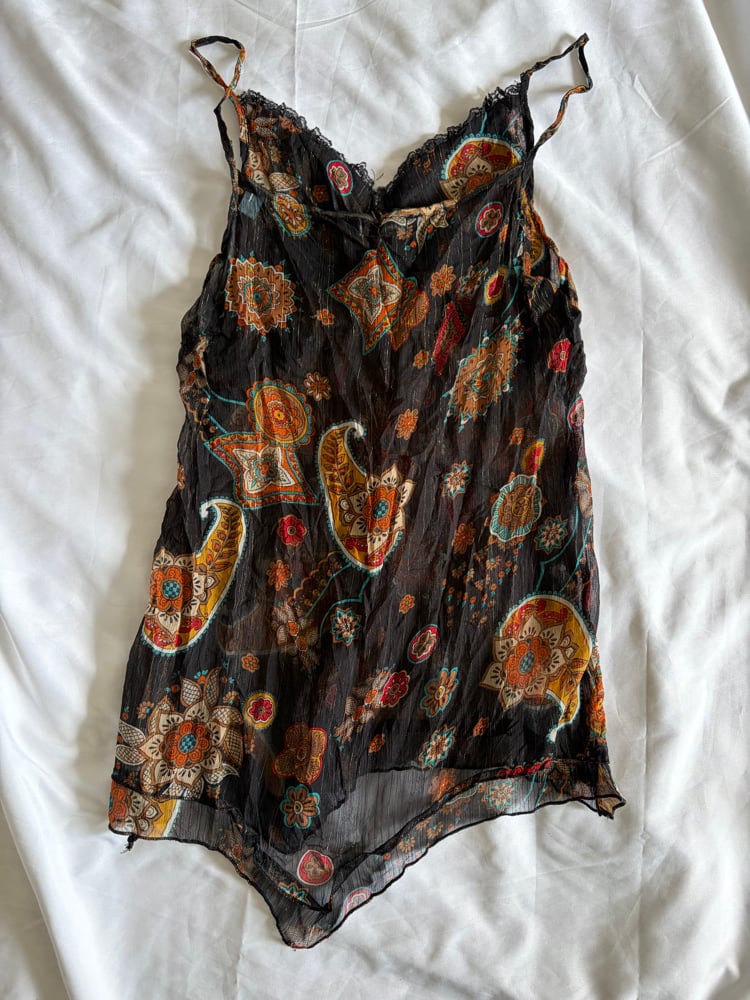 Vintage Y2K asymmetrical hem paisley floaty fairy cami with sequin detail and sparkly thread