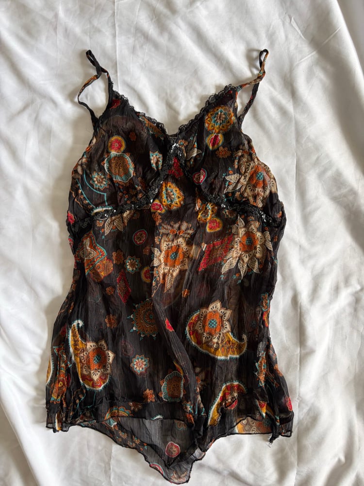 Vintage Y2K asymmetrical hem paisley floaty fairy cami with sequin detail and sparkly thread