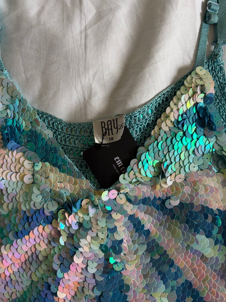 Vintage Y2K Bay Frost blue sequin crochet cami