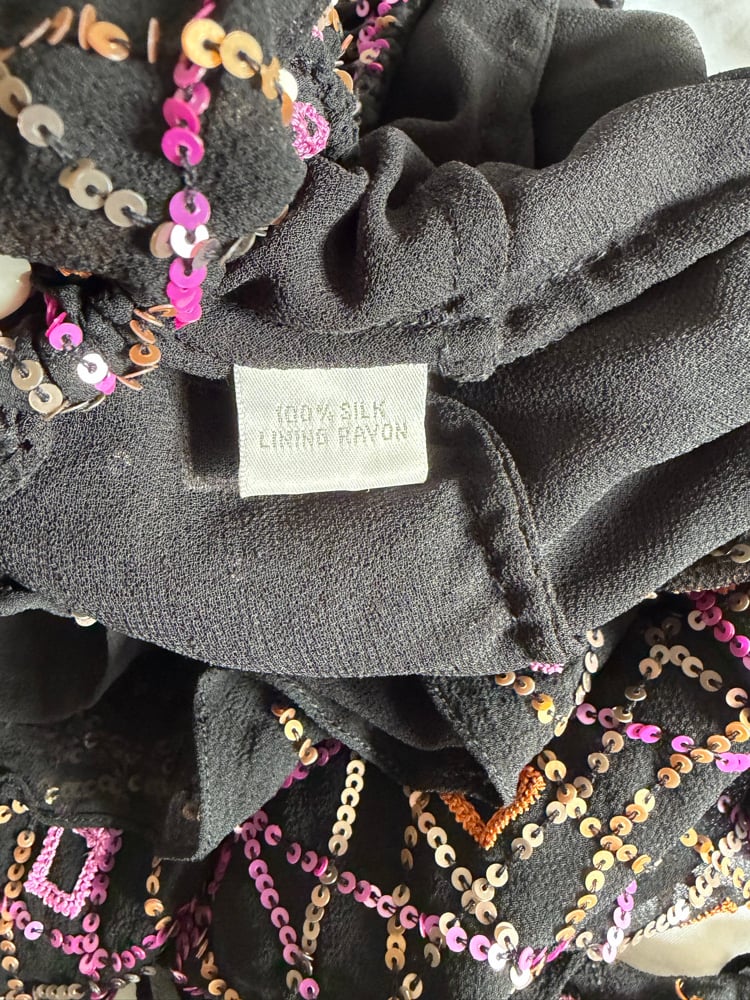 Vintage Y2K black Aftershock asymmetrical hem silk 3/4 sleeve sequin fairy top