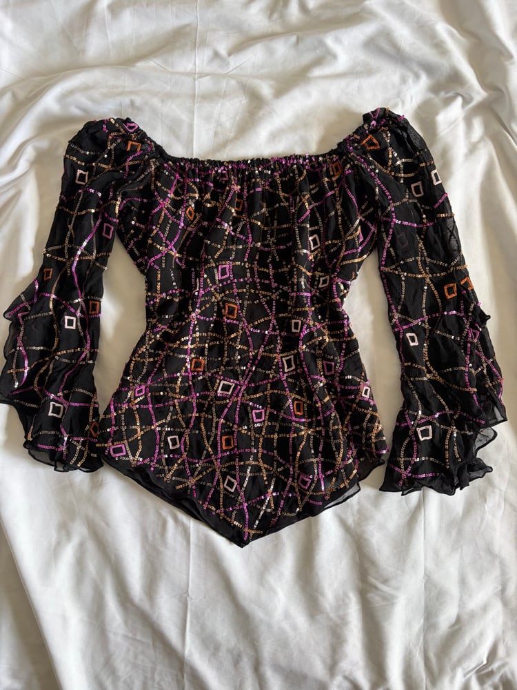 Vintage Y2K black Aftershock asymmetrical hem silk 3/4 sleeve sequin fairy top