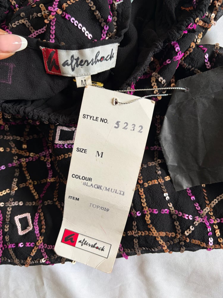Vintage Y2K black Aftershock asymmetrical hem silk 3/4 sleeve sequin fairy top