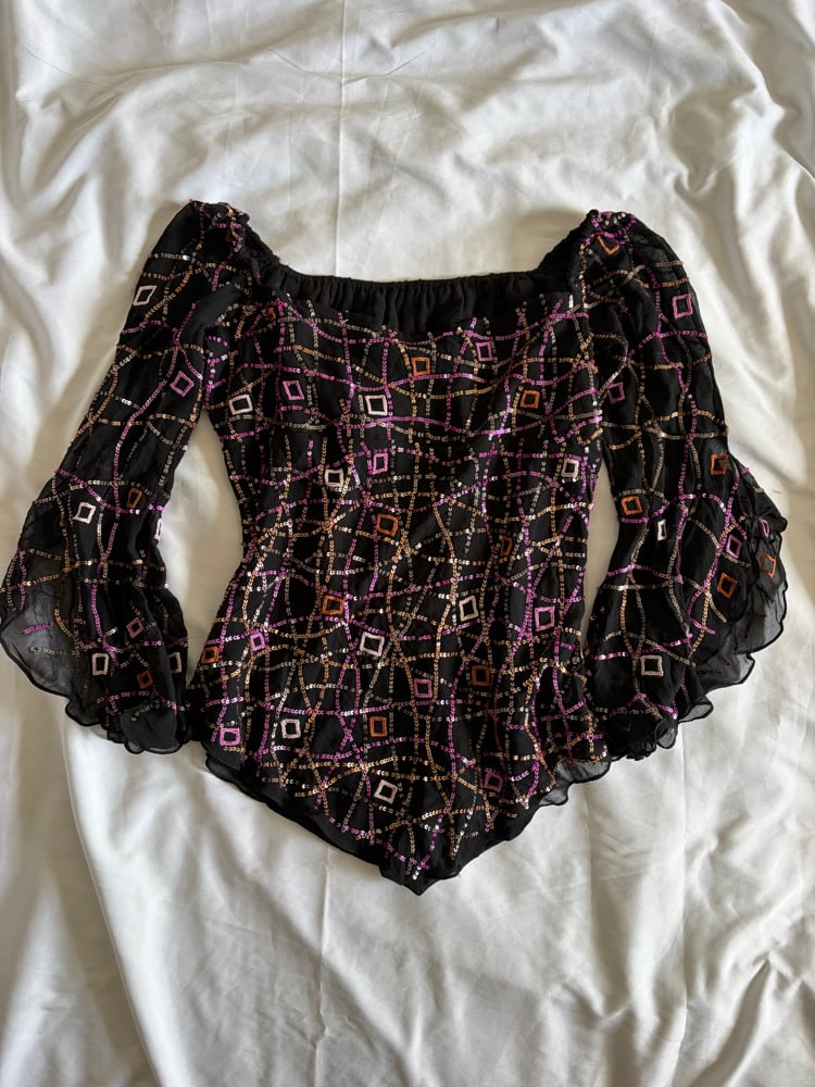 Vintage Y2K black Aftershock asymmetrical hem silk 3/4 sleeve sequin fairy top