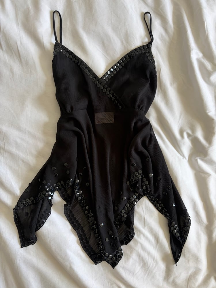 Vintage Y2K black asymmetrical hem sequin fairy cami