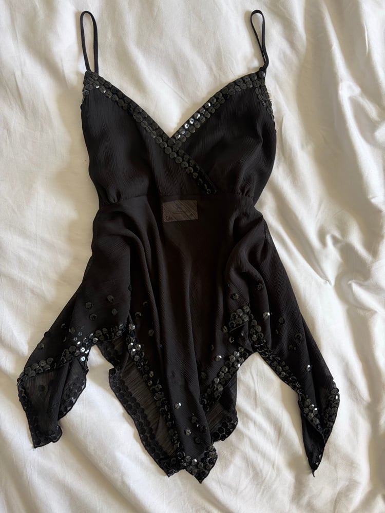 Vintage Y2K black asymmetrical hem sequin fairy cami