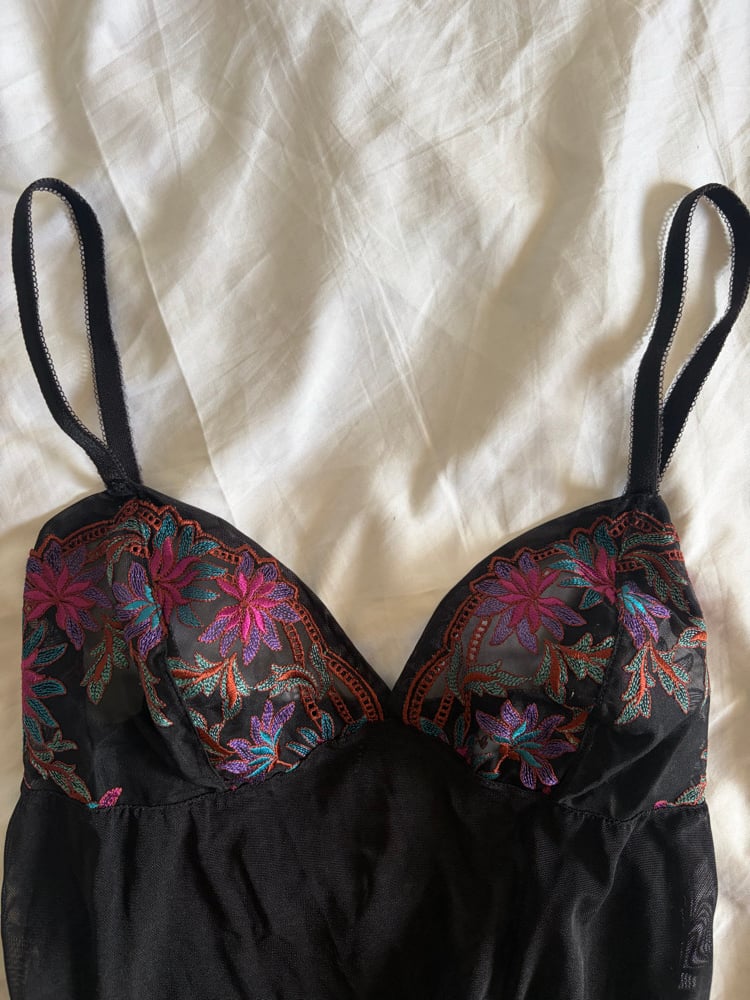 Vintage Y2K black cami with colourful embroidered cups