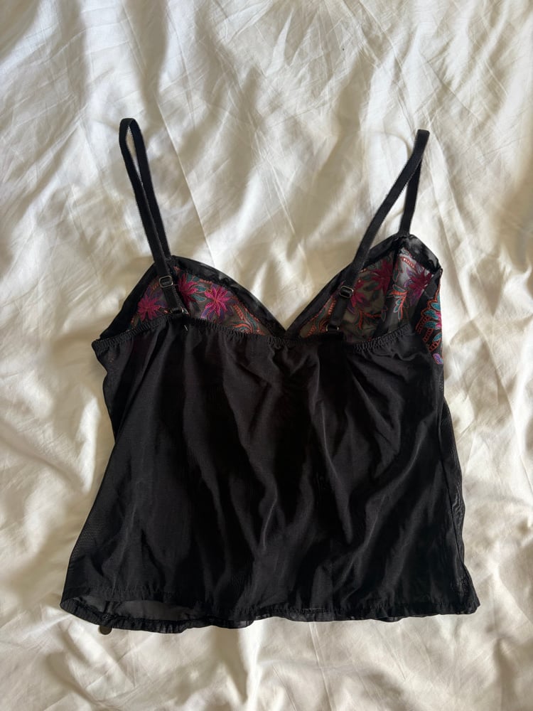 Vintage Y2K black cami with colourful embroidered cups