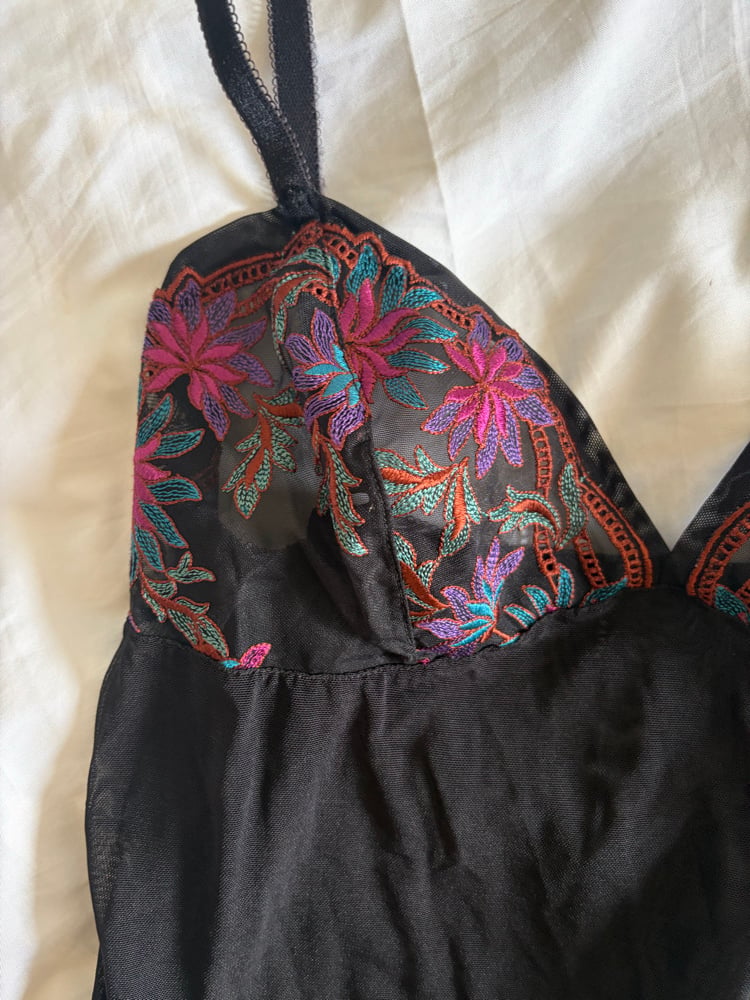 Vintage Y2K black cami with colourful embroidered cups