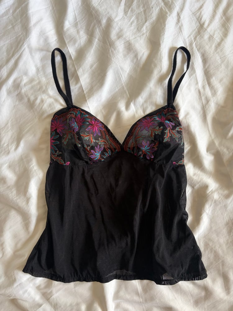 Vintage Y2K black cami with colourful embroidered cups