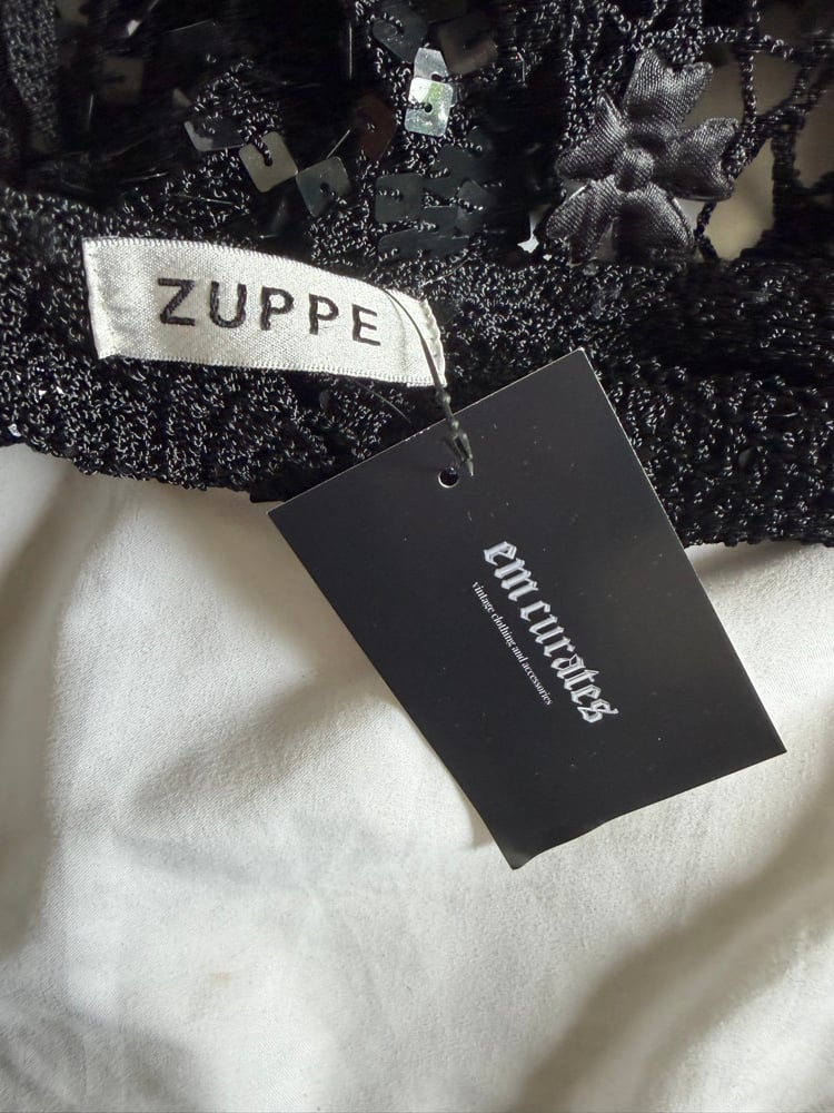 Vintage Y2K black crochet and sequin cami with cut out floral embroidery detail