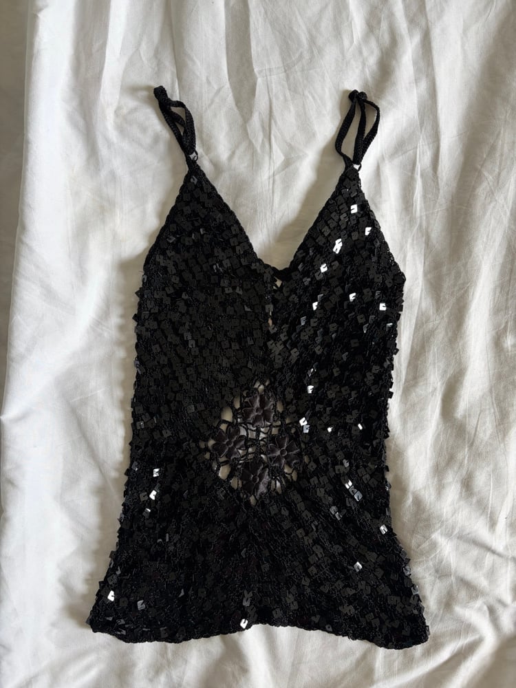 Vintage Y2K black crochet and sequin cami with cut out floral embroidery detail