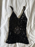 Vintage Y2K black crochet and sequin cami with cut out floral embroidery detail