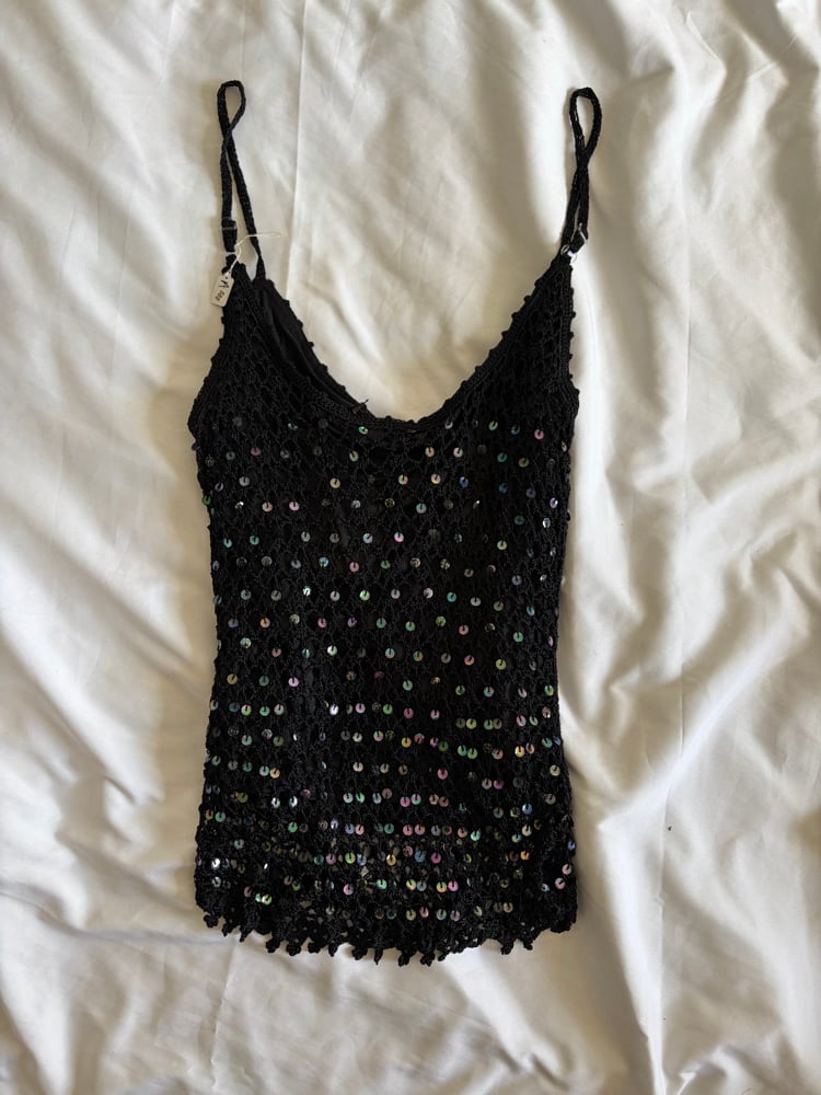 Vintage Y2K black crochet iridescent sequin cami