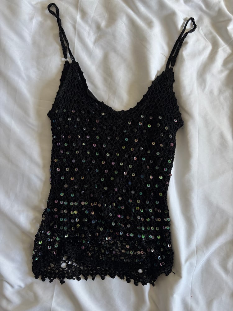 Vintage Y2K black crochet iridescent sequin cami