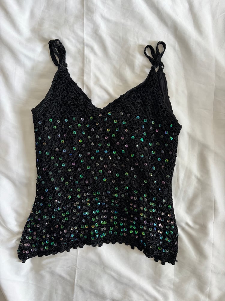Vintage Y2K black crochet iridescent  sequin cami