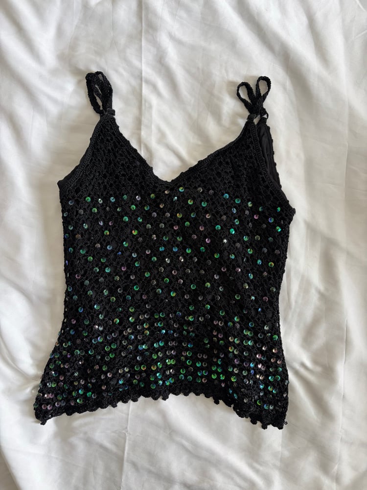 Vintage Y2K black crochet iridescent  sequin cami