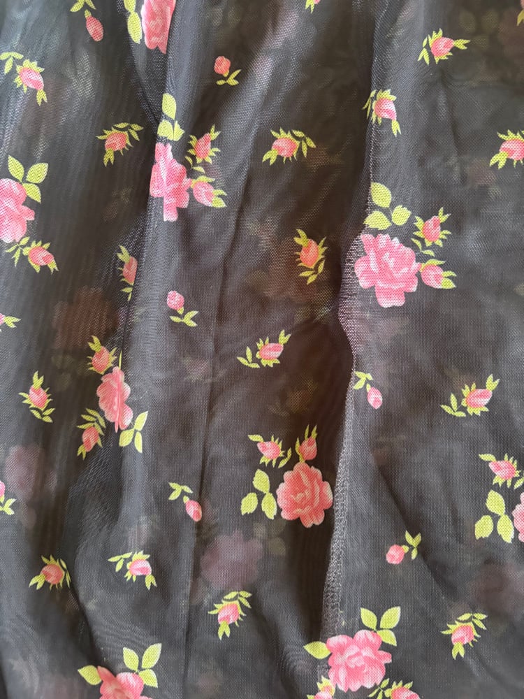 Vintage Y2K black floral mini dress with baby pink ruffle and under bust detail