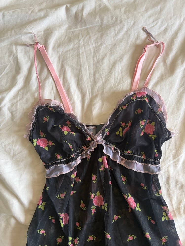 Vintage Y2K black floral mini dress with baby pink ruffle and under bust detail