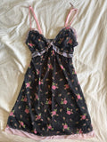 Vintage Y2K black floral mini dress with baby pink ruffle and under bust detail