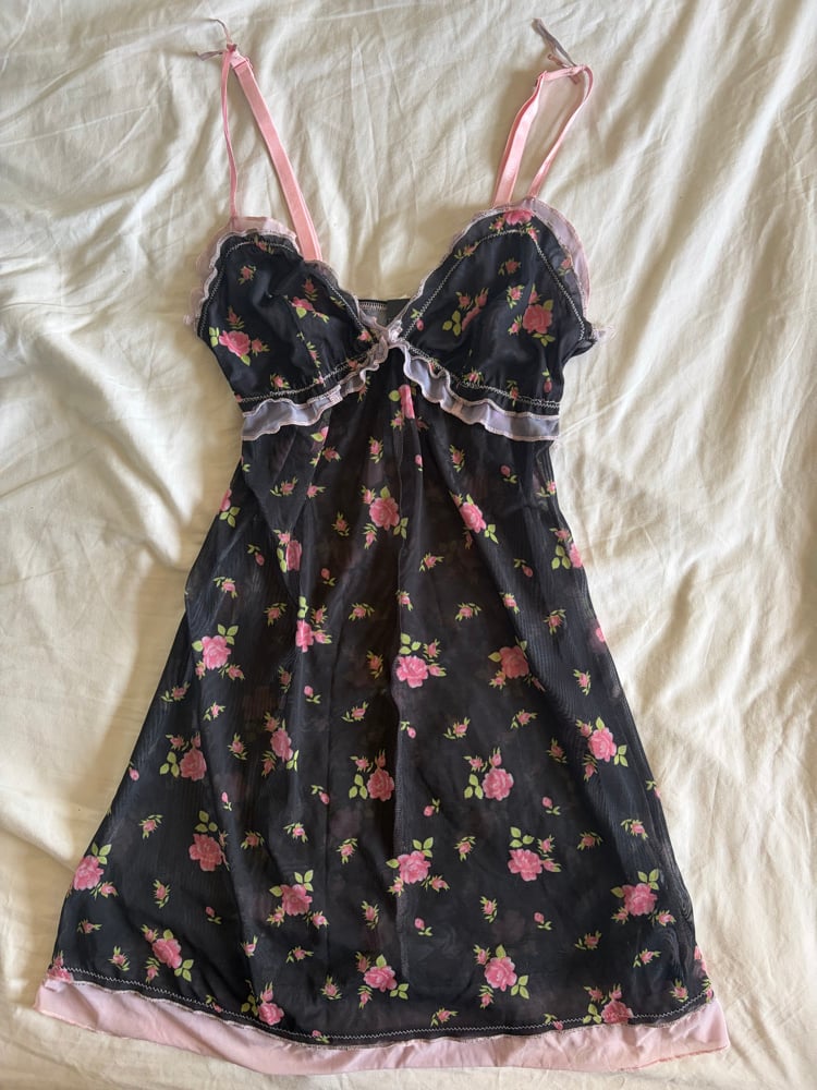 Vintage Y2K black floral mini dress with baby pink ruffle and under bust detail