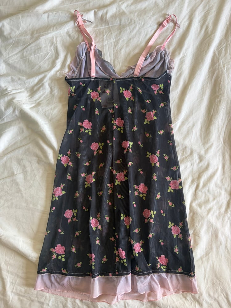 Vintage Y2K black floral mini dress with baby pink ruffle and under bust detail