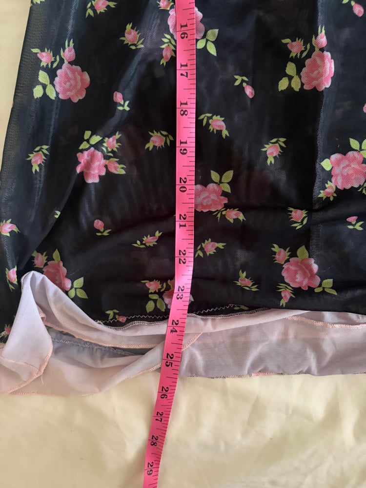 Vintage Y2K black floral mini dress with baby pink ruffle and under bust detail