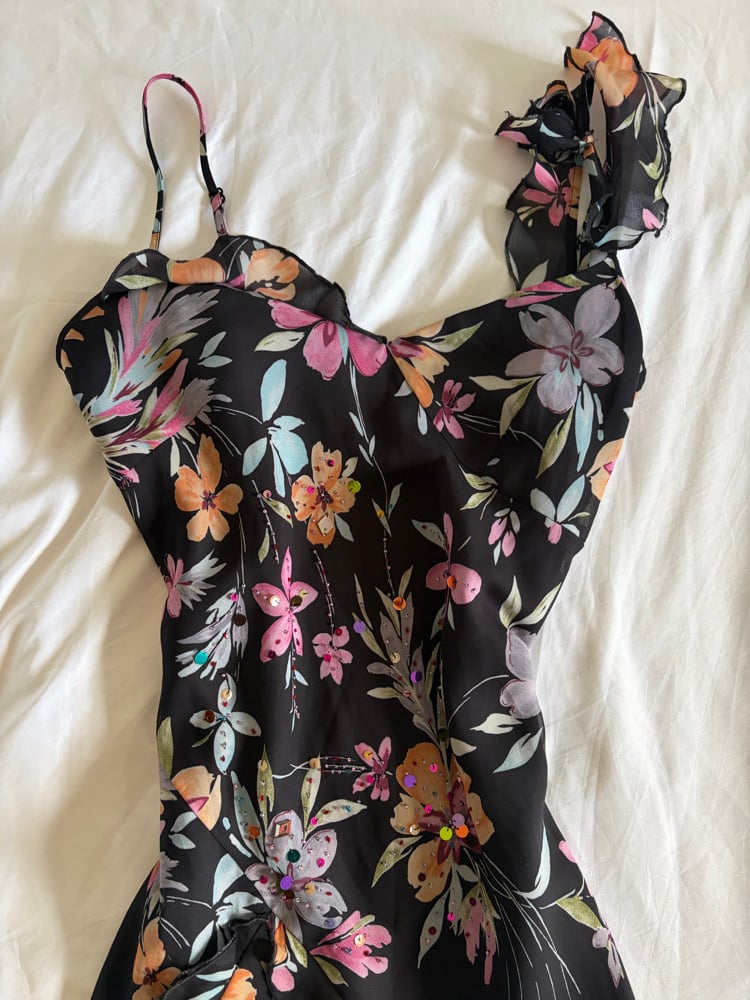 Vintage Y2K black floral sequin and beaded floaty fairy dress