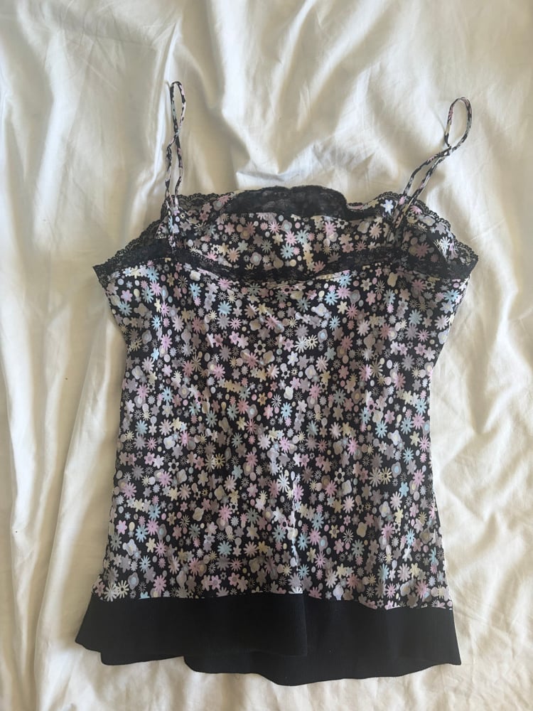 Vintage Y2K black floral silk cami with ribbed bottom