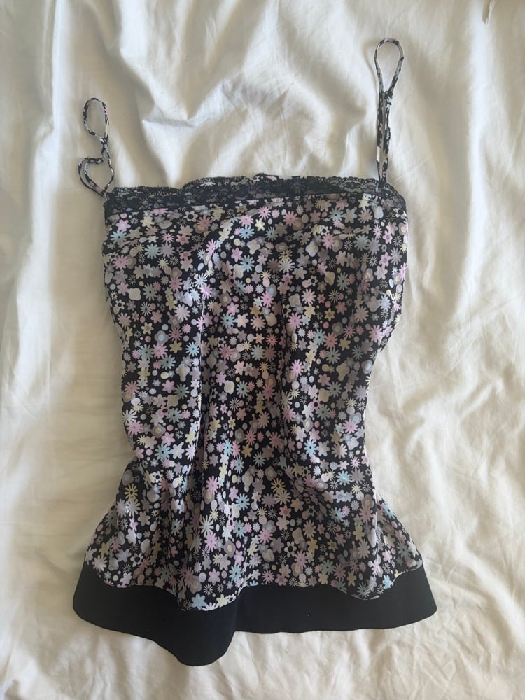 Vintage Y2K black floral silk cami with ribbed bottom